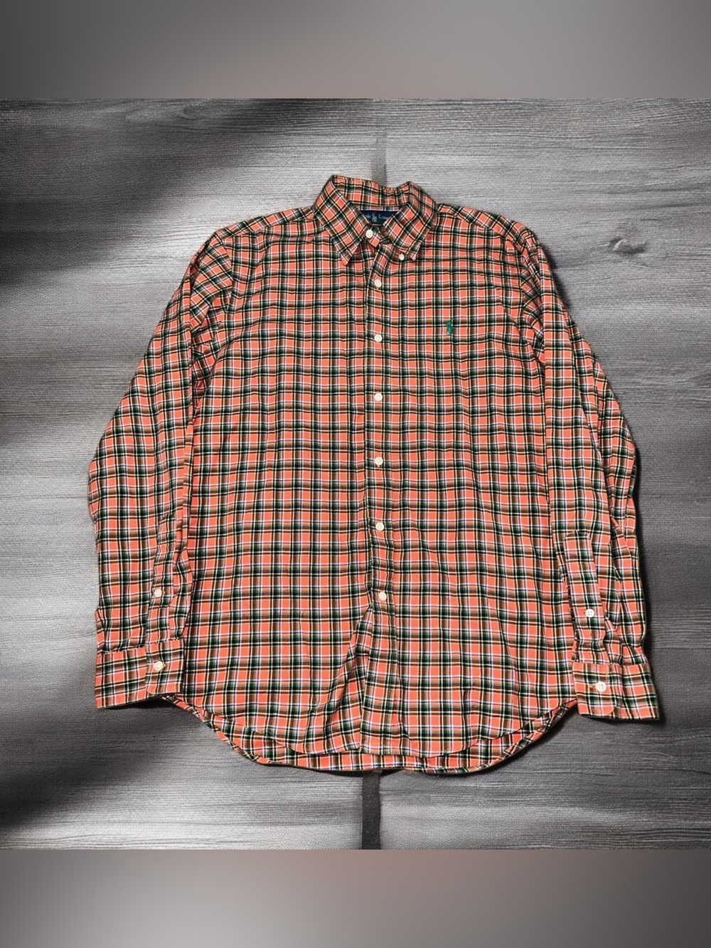 Ralph Lauren button down shirt men’s medium orange green plaid long sleeve 90s